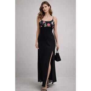 Y2K Niki Livas Black Floral Embroidered Maxi Slip Dress Whimsigoth Prom Fairy 10